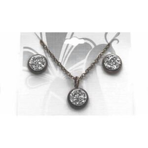 NEW GLEEFUL PEACOCK women's druzy bezel pendant necklace & stud earring set in s